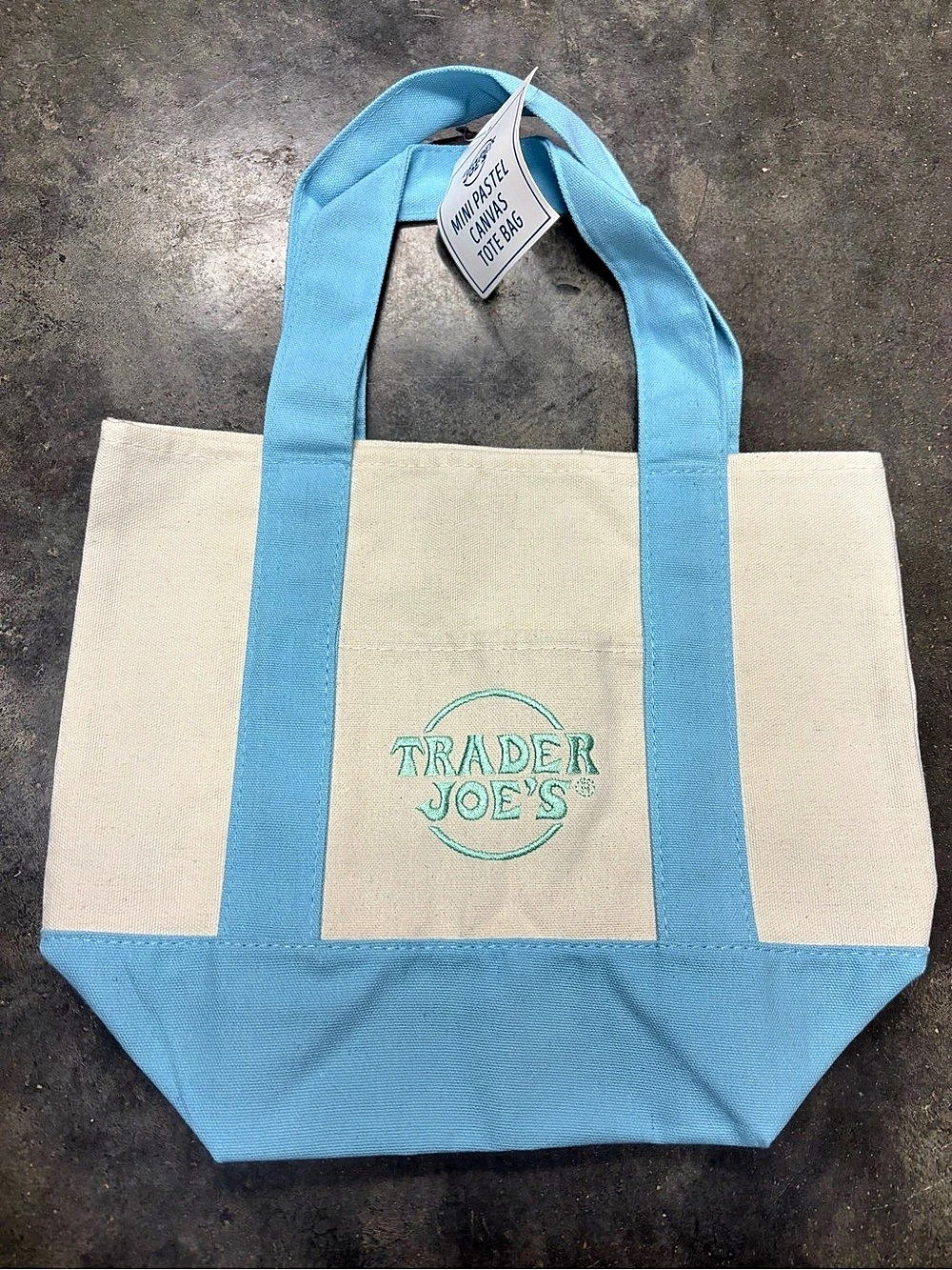 Trader Joe's Mini Pastel Canvas Tote Bag Blue & Beige